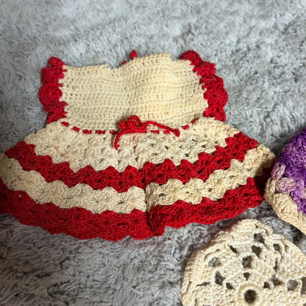 Lot of 2 Vintage Cotton Hand Crocheted Pot‎ Holder/ Dresses Red- Purple READ